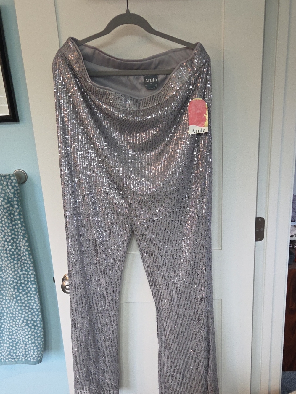 ARULA Silver Sequin Draped Wide-Leg Pants